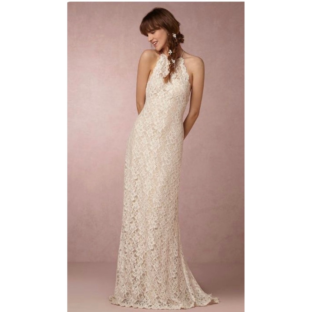 BHLDN Anthropologie Cream Floral Lace Halter Neck Wedding Dress Ivory Gown